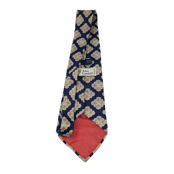 John Comfort London | Navy & Cream/Gold Vintage Printed Silk Tie (One Size) - Picture 6 of 8